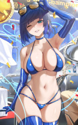  1girl ;) armpits bare_shoulders bikini black_hair blue_hair bob_cut breasts car cleavage confetti diagonal_bangs earrings elbow_gloves eyewear_on_head genshin_impact gloves green_eyes highres homura0_1 jewelry large_breasts latex looking_at_viewer mole mole_on_breast motor_vehicle multicolored_hair navel o-ring one_eye_closed race_queen shiny_clothes short_hair smile solo sunglasses sunglasses_on_head swimsuit thighhighs thighs wink yelan_(genshin_impact)  rating:Sensitive score:123 user:danbooru