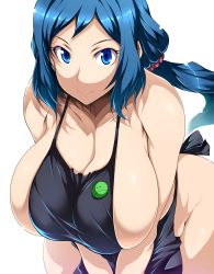 1girl apron bare_shoulders blue_eyes blue_hair breasts cleavage curvy female_focus gundam gundam_build_fighters gundam_build_fighters_try haro_button_badge highres huge_breasts iori_rinko leaning_forward long_hair looking_at_viewer matching_hair/eyes mature_female naked_apron plump ponytail sideboob simple_background smile solo standing tsukasawa_takamatsu white_background wide_hips rating:Questionable score:91 user:Xander
