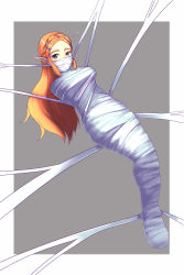  1girl artist_request bad_id bad_pixiv_id bdsm bondage bound braid caught cloth_gag cocoon crown_braid elf full_body gag gagged grey_background helpless highres improvised_gag long_hair looking_at_viewer mummification nintendo over_the_mouth_gag peril pointy_ears princess_zelda restrained silk spider_web suspension the_legend_of_zelda the_legend_of_zelda:_breath_of_the_wild trapped web web_bondage  rating:Questionable score:52 user:chogpamp