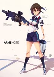 1girl arms_note baseball black_legwear breasts brown_eyes brown_hair collared_shirt copyright_name fukai_ryosuke full_body gun handgun harness holding holster looking_at_viewer missile_launcher original pistol ponytail revolver_missile_launcher rocket_launcher science_fiction shadow shirt shoes shorts signature smile sneakers solo stopwatch suppressor tied_shirt vertical_forward_grip watch weapon wristband rating:Sensitive score:23 user:danbooru