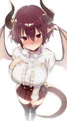 1girl absurdres black_thighhighs blush breasts dragon_girl dragon_horns dragon_tail foreshortening from_above granblue_fantasy grea_(shingeki_no_bahamut) greatmosu hair_between_eyes hands_on_own_chest highres horns large_breasts long_sleeves looking_at_viewer manaria_friends pointy_ears purple_hair red_eyes shingeki_no_bahamut shirt short_hair simple_background sketch skirt solo tail thighhighs white_shirt rating:Sensitive score:42 user:danbooru