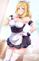  1girl :3 alternate_costume apron arm_garter black_bow black_bowtie blonde_hair bow bowtie breasts closed_mouth detached_collar enmaided garter_straps gloves hand_on_own_hip highres large_breasts love_live! love_live!_sunshine!! maid maid_apron maid_headdress medium_hair ohara_mari one_side_up solo thighhighs thighs tsumikiy wavy_hair white_garter_straps white_gloves white_thighhighs yellow_eyes zettai_ryouiki 