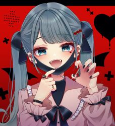  1girl bandaid fangs hair_ornament hatsune_miku heart highres jewelry jirai_kei long_hair long_sleeves looking_at_viewer mask mask_pull mouth_mask nekko_(nxtuko) open_mouth red_background ribbon shirt simple_background smile solo twintails vampire_(vocaloid) vocaloid 