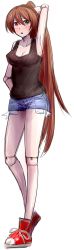  00s 1girl absurdres aged_up arm_up armpits bare_legs blush breasts brown_hair cleavage collarbone denim denim_shorts doll_joints full_body green_eyes hand_on_own_hip heterochromia highres joints legs long_hair long_image looking_at_viewer open_mouth pltrgst ponytail red_eyes rozen_maiden shoes short_shorts shorts simple_background sketch sneakers solo standing suiseiseki tall_image tank_top very_long_hair white_background  rating:Sensitive score:17 user:danbooru
