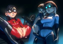 3girls anus ass bad_end bad_id bad_pixiv_id bdsm black_hair bodysuit bondage boots bound bound_legs breasts brown_hair crotch_cutout crying crying_with_eyes_open dildo domino_mask evelyn_deavor freckles gas_mask goggles hand_on_another&#039;s_face helen_parr high_heel_boots high_heels highres holding_legs imminent_rape incest john_doe_(jdart) mask mind_control mother_and_daughter multiple_girls pussy sex_toy small_breasts spoilers spread_legs strap-on tears the_incredibles torn_bodysuit torn_clothes uncensored violet_parr wide_hips yuri rating:Explicit score:825 user:danbooru