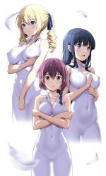  3girls angelina_kudou_shields arm_between_breasts arm_under_breasts bare_shoulders between_breasts black_hair blonde_hair blue_eyes blue_ribbon blush braid breasts brown_eyes brown_hair closed_mouth collared_dress commentary_request covered_erect_nipples covered_navel cowboy_shot cropped_legs crossed_arms deep_skin dress drill_hair embarrassed falling_feathers feathers gluteal_fold hair_between_eyes hair_ribbon highres large_breasts long_hair looking_at_viewer mahouka_koukou_no_rettousei medium_breasts medium_hair multiple_girls nanikairu open_mouth paid_reward_available ribbon sakurai_minami see-through_silhouette shiba_miyuki simple_background single_braid sleeveless sleeveless_dress standing taut_clothes taut_dress twin_drills white_background white_dress 