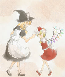  2girls apron bad_id bad_pixiv_id black_dress blonde_hair bobby_socks bow doily dress closed_eyes female_focus flandre_scarlet grin hat hat_bow holding holding_hat kirisame_marisa mary_janes multiple_girls pale_color profile shoes short_sleeves skirt skirt_set smile socks touhou wings witch witch_hat yaponne 
