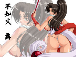 1girl ass black_eyes black_hair blush breasts folded_fan hand_fan fatal_fury folding_fan from_behind kagami_hirotaka large_breasts long_hair looking_back no_bra panties pelvic_curtain ponytail revealing_clothes shiranui_mai sideboob snk solo the_king_of_fighters thong underwear wallpaper white_panties zoom_layer rating:Questionable score:30 user:danbooru
