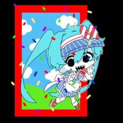  1girl apron black_eyes black_mouth blue_dress blue_hair blue_hat bow chibi commentary confetti crazy cs_voca dress empty_eyes hair_bow hat hatsune_miku long_hair lowres mesmerizer_(vocaloid) open_mouth roller_skates sharp_teeth skates smile solo striped_bow teeth tongue tongue_out twintails very_long_hair visor_cap vocaloid waitress white_apron white_bow 