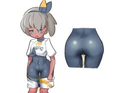  1girl ass bea_(pokemon) black_bodysuit black_hairband blue_eyes blush bodysuit breasts clothes_pull covered_navel creatures_(company) crop_top dark_skin embarrassed female_focus from_behind game_freak grey_hair gym_leader hairband half-closed_eyes looking_down multiple_views nintendo nose_blush open_mouth peeing peeing_self pokemon pokemon_swsh shiny_clothes shirt short_hair short_shorts short_sleeves shorts shorts_pull simple_background small_breasts standing sweat tako238 tears tied_shirt wet wet_clothes white_background white_shirt white_shorts  rating:Questionable score:28 user:AngryZapdos