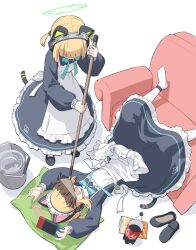  2girls animal_ear_headphones animal_ears apron bag_of_chips black_dress black_footwear blonde_hair blue_archive bottle broom bucket cat_tail cola couch dress fake_animal_ears frilled_apron frilled_dress frills green_halo halo handheld_game_console headphones highres holding holding_broom holding_handheld_game_console long_sleeves maid maid_apron maid_headdress midori_(blue_archive) midori_(maid)_(blue_archive) momoi_(blue_archive) momoi_(maid)_(blue_archive) multiple_girls official_alternate_costume open_mouth pantyhose pinakes pink_halo puffy_long_sleeves puffy_sleeves shoes short_hair siblings simple_background sisters tail twins unworn_shoes water white_apron white_background white_pantyhose 