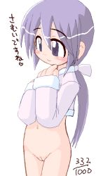 1girl blush bottomless cleft_of_venus ikkyuu loli navel no_panties ponytail purple_eyes purple_hair pussy simple_background solo source_request translated uncensored rating:Explicit score:16 user:Tom23
