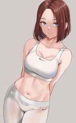 1girl arms_behind_back bare_arms bare_shoulders blue_eyes blush breasts brown_hair cleavage closed_mouth collarbone commentary ear_piercing forehead grey_background highres looking_at_viewer medium_breasts mole mole_under_eye navel pants piercing ryudraw samsung samsung_sam short_hair simple_background smile solo sports_bra stomach sweat white_pants white_sports_bra yoga_pants rating:Sensitive score:189 user:danbooru