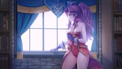  1girl anbe_yoshirou angela_(seiken_densetsu_3) bare_shoulders breasts closed_mouth commentary_request covered_navel earrings frown gloves green_eyes hat highres indoors jewelry leotard long_hair medium_breasts pensive pointy_ears purple_gloves purple_hair red_leotard seiken_densetsu seiken_densetsu_3 solo thighs very_long_hair 