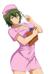  00s 1girl breasts curvy female_focus green_hair hat ikkitousen kyocho_chuukou large_breasts nurse shiny_skin short_hair smile solo  rating:Sensitive score:8 user:Garlyle