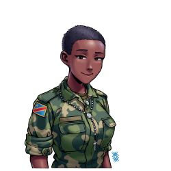  1girl absurdres artist_logo black_hair blush breast_pocket breasts brown_eyes buttons camouflage camouflage_jacket closed_mouth commentary cropped_torso cross cross_necklace dark-skinned_female dark_skin democratic_republic_of_the_congo_flag genderswap genderswap_(mtf) green_shirt highres jacket jewelry kongolo_nadiane long_sleeves looking_at_viewer medium_breasts military military_uniform necklace ostwindprojekt patch pocket raised_eyebrow shirt short_hair shoulder_boards shoulder_patch simple_background sleeves_rolled_up solo ssethtzeentach uniform white_background woodland_camouflage  rating:General score:5 user:danbooru
