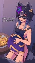  1girl animal_ears apron black_hair blue_eyes breasts english_text fang flower flower_on_head food hands_on_own_stomach highres indie_virtual_youtuber looking_at_viewer medium_breasts naked_apron pizza plague_of_gripes pregnant raccoon_ears raccoon_girl raccoon_tail snuffy_(vtuber) tail virtual_youtuber  rating:Questionable score:52 user:loli_Vulf