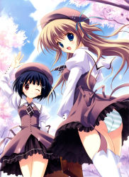  2girls :d ;) absurdres arm_up ass blue_eyes blue_hair blue_panties blue_sky brown_eyes brown_hair cherry_blossoms cloud day hat highres multiple_girls one_eye_closed open_mouth panties ryouka_(suzuya) scan school_uniform sky smile striped_clothes striped_panties two_side_up underwear upskirt white_panties wink  rating:Sensitive score:9 user:danbooru