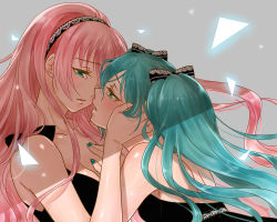 2girls aqua_eyes aqua_hair aqua_nails back bad_id bad_pixiv_id bare_arms bare_back bare_shoulders black_dress blue_eyes blush breasts cleavage collarbone couple dress eye_contact female_focus grabbing grabbing_another&#039;s_breast grey_background hair_between_eyes hair_ribbon hairband half-closed_eyes hand_on_another&#039;s_face hatsune_miku hug ichigokono imminent_kiss long_hair looking_at_another megurine_luka multiple_girls nail_polish open_mouth pink_hair ribbon simple_background strapless strapless_dress tears twintails upper_body vocaloid yuri rating:Questionable score:24 user:danbooru