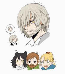 2boys 3girls animal_ears bearded_girl black_hair blonde_hair blush bob_cut brother_and_sister brown_hair cat_ears cat_girl chilchuck_tims closed_eyes dungeon_meshi elf facial_hair falin_touden falin_touden_(tallman) frs2 fur green_eyes grey_hair hair_over_one_eye highres izutsumi laios_touden long_hair looking_at_viewer marcille_donato multiple_boys multiple_girls mustache one_eye_covered pointy_ears ponytail portrait short_hair siblings spoken_character stubble surprised thought_bubble yellow_eyes