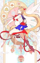  1girl back_bow bishoujo_senshi_sailor_moon blonde_hair blue_sailor_collar blue_skirt boots bow bowtie choker closed_eyes commentary crescent crescent_earrings double_bun earrings elbow_gloves english_commentary feathers flying from_side full_body gloves hair_bun heart heart_choker high_heel_boots high_heels highres jewelry knee_boots long_hair magical_girl pleated_skirt red_bow red_bowtie red_choker red_footwear sailor_collar sailor_moon sailor_senshi sailor_senshi_uniform shy_(ribboneels) skirt smile solo transformation_brooch_(sailor_moon) tsukino_usagi twintails very_long_hair wand white_gloves white_wings wings 