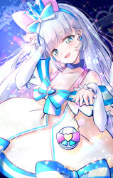  1girl :d blue_background blue_choker blue_crown blue_eyes blue_hairband bow brooch choker collarbone crown crown_earrings cure_nyammy dot_nose dress dress_bow hairband hat hat_bow heart heart_brooch highres jewelry kakikakilemon long_hair looking_at_viewer magical_girl mini_crown nekoyashiki_yuki open_mouth pink_bow pouch precure ribbon_choker smile solo striped_bow white_arm_warmers white_dress white_hair wonderful_precure! 