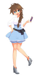  1girl blue_eyes blush braid breasts brown_hair dorothy dorothy_gale dress female_focus freckles happy highres long_hair looking_at_viewer open_mouth rews shoes simple_background solo standing the_wizard_of_oz white_background 