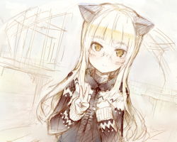  1girl akami animal_ears bad_id bad_pixiv_id blonde_hair blush cat_ears coat glasses perrine_h._clostermann sakura_akami sketch smile solo strike_witches v world_witches_series yellow_eyes 