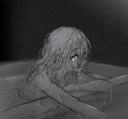  1girl bathing bathtub dropping greyscale grin hair_between_eyes highres hoshi_syoko idolmaster idolmaster_cinderella_girls leaning_forward long_hair looking_ahead monochrome nude outstretched_arm partially_submerged payama smile solo upper_body water wet wet_hair 