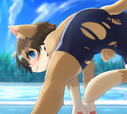 1boy absurdres animal_ears ass bent_over black_hair blue_eyes blue_jammers blue_male_swimwear blush cat_boy cat_ears cat_tail day flaccid furry furry_male highres jammers konazarame legs_apart looking_back male_focus male_swimwear original outdoors parted_lips pawpads penis pool poolside short_hair shota solo stretching swimsuit tail testicles third-party_edit torn_clothes torn_male_swimwear water rating:Explicit score:82 user:ponekad