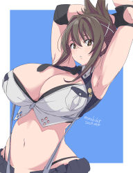  1girl armpits artist_name black_skirt blue_background breasts brown_eyes brown_hair cleavage copyright_request dated hair_ornament highres kichihachi kisaragi_chitose large_breasts looking_at_viewer medium_hair navel skirt solo super_robot_wars super_robot_wars_v suspenders two-tone_background x_hair_ornament 