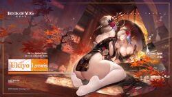  1girl artist_request ass autumn_leaves black_kimono blonde_hair book_of_yog breasts character_name cleavage collarbone floral_print_kimono flower hair_flower hair_ornament hair_stick highres irida_(book_of_yog) japanese_clothes kimono kneeling large_breasts logo mirror off_shoulder official_art open_mouth pink_flower plant purple_flower reflection second-party_source thighhighs white_thighhighs yellow_eyes 