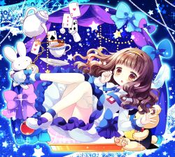  1girl :o ace_(playing_card) ace_of_hearts ace_of_spades apple blue_bow blush bow breasts brown_eyes brown_hair capelet card chain commentary cup dress fingernails food frilled_dress frilled_sleeves frills fruit hairband heart higanbana_no_saku_yoru_ni high_heels knees_together_feet_apart knees_up kusunoki_midori long_hair long_sleeves medium_breasts parted_lips playing_card pocket_watch purple_bow red_apple sakurazawa_izumi saucer shoes solo spade_(shape) star_(symbol) stuffed_animal stuffed_rabbit stuffed_toy tea teacup teapot teddy_bear thighhighs watch wavy_hair white_capelet white_dress white_footwear white_thighhighs yellow_hairband 