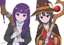  2girls :i absurdres black_coat black_gloves blunt_bangs brown_cape brown_hair button_eyes buttons cape coat commentary_request crossover dated dress fern_(sousou_no_frieren) fingerless_gloves gloves hat highres holding holding_staff kono_subarashii_sekai_ni_shukufuku_wo! long_sleeves looking_at_viewer mage_staff megumin multiple_girls open_clothes open_coat pout purple_eyes purple_hair red_dress red_eyes signature sousou_no_frieren staff trait_connection tsunemoku upper_body white_background white_dress witch witch_hat 