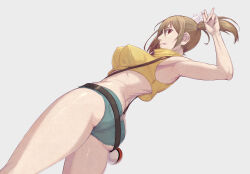  1girl absurdres belt blonde_hair breasts brown_eyes closed_mouth commentary_request creatures_(company) cropped_shirt double_v eyelashes from_below game_freak green_shorts highres kikken looking_down misty_(pokemon) nintendo pointy_breasts poke_ball poke_ball_(basic) pokemon pokemon:_the_electric_tale_of_pikachu shirt short_shorts shorts side_ponytail sleeveless sleeveless_shirt smile solo tongue tongue_out v yellow_shirt 