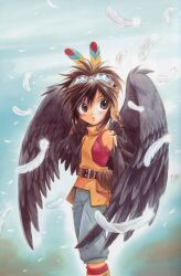  +anima 1boy 2000s_(style) :o belt black_wings blue_pants blush body_fur brown_belt brown_eyes brown_hair child cooro_(+anima) falling_feathers feather_hair_ornament feathered_wings feathers feet_out_of_frame goggles goggles_on_head hair_ornament highres layered_clothes looking_to_the_side mukai_natsumi non-web_source official_art orange_shirt outline pants parted_lips red_shirt shirt short_hair solo standing third-party_source three_quarter_view traditional_media turning_head turtleneck undershirt white_feathers white_outline wings 