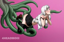  4headboiii all_the_way_through anal choking_on_object crying crying_with_eyes_open double_penetration highres original shocked_pupils skirt tears tentacles thighhighs vaginal white_hair 