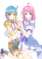 2girls absurdres ahoge ai-pii_(kizuna_ai) bad_id bad_pixiv_id bare_shoulders belt black_legwear black_shorts blue_belt blue_hair blush character_name choker closed_mouth collar collarbone commentary_request cropped_hoodie dress earrings foiegrassan0221 hashtag highres hood hoodie interlocked_fingers jewelry kizuna_ai_inc. long_hair looking_at_viewer love-chan_(kizuna_ai) love-pii_channel low-tied_long_hair multicolored_hair multiple_girls navel parted_lips pink_collar pink_hair shoes short_hair shorts simple_background smile sneakers streaked_hair thigh_strap very_long_hair virtual_youtuber white_background white_choker white_dress white_footwear white_hoodie yellow_belt yellow_eyes 