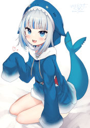  1girl :d absurdres animal_hood arm_support artist_name blue_hair blunt_bangs cross-laced_clothes fins fish_tail gawr_gura gawr_gura_(1st_costume) heart highres hololive hololive_english hood hood_up hoodie long_sleeves looking_at_viewer multicolored_hair no_nose ochinsama open_mouth shark_girl shark_hood shark_print shark_tail sharp_teeth simple_background sitting sleeves_past_wrists smile solo tail tail_raised teeth two-tone_hair virtual_youtuber white_background white_hair yokozuwari  rating:General score:18 user:danbooru