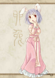  1girl absurdres animal_ears artist_name chinese_clothes chinese_zodiac dress english_text grey_hair hanfu highres jiaoling_ruqun open_mouth original own_hands_together personification rabbit_ears rabbit_girl rabbit_tail red_eyes short_hair solo tail you_hu_xiao_lang 