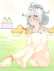  1girl alternate_hairstyle barefoot bath bathing blue_eyes blush breasts cleft_of_venus completely_nude feet hair_between_eyes hair_bun half-closed_eyes hibiki_(kancolle) highres hugging_own_legs kantai_collection loli multicolored_hair nipples nude parted_lips partially_submerged pussy shishanmo signature single_hair_bun sitting small_breasts soles solo toes towel towel_on_head verniy_(kancolle) water wet white_hair 