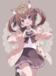  1girl :d ahoge animal_ear_fluff animal_ears black_bow black_footwear blush bow brown_cardigan brown_hair brown_sailor_collar brown_skirt cardigan commentary commission doily fang grey_background hair_between_eyes hair_bow head_tilt heart heart_hands highres loafers long_sleeves looking_at_viewer loose_socks open_cardigan open_clothes open_mouth original pleated_skirt puffy_long_sleeves puffy_sleeves purple_eyes sailor_collar school_uniform serafuku shirt shoes simple_background skeb_commission skirt sleeves_past_wrists smile socks solo standing standing_on_one_leg tantan_men_(dragon) twintails white_shirt white_socks 