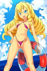  1girl bikini blonde_hair breasts colored_eyelashes drill_hair fukuouji_laura gradient_background hand_on_own_hip highres innertube jewelpet_(series) jewelpet_magical_change long_hair looking_at_viewer micro_bikini open_mouth small_breasts smile solo swim_ring swimsuit water zasshu_nigou 