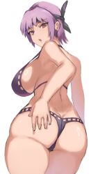  1girl absurdres ass ayane_(doa) bikini breasts dead_or_alive highres large_breasts looking_at_viewer looking_back purple_hair red_eyes solo swimsuit white_background  rating:Questionable score:13 user:whatafkdupworld