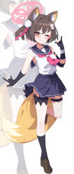 1girl ;) absurdres animal_ear_fluff animal_ears black_gloves black_socks blue_archive blue_skirt brown_footwear brown_hair clenched_teeth fox_ears fox_girl fox_tail full_body gloves halo highres hua-huahua izuna_(blue_archive) kunai looking_at_viewer one_eye_closed partially_fingerless_gloves pink_halo school_uniform serafuku shirt shoes short_hair skirt sleeveless sleeveless_shirt smile socks solo standing tail teeth thigh_strap thighs weapon white_shirt yellow_eyes zoom_layer 
