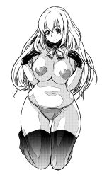 1girl atago_(kancolle) breasts commentary_request full_body gloves greyscale heart_pasties highres kantai_collection kneeling large_breasts long_hair monochrome navel no_shoes panties pasties simple_background smile solo string_panties tachibana_roku thighhighs topless underwear underwear_only white_background rating:Questionable score:11 user:danbooru