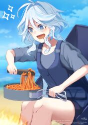  1girl :d alternate_costume blue_eyes blue_hair blue_shirt blue_sky cloud commentary_request cooking_pot day feet_out_of_frame fire food furina_(genshin_impact) genshin_impact hair_intakes highres holding long_hair open_mouth outdoors pasta seacat_hz shirt sitting sky smile solo spaghetti thighs very_long_hair 