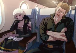 1boy 1girl ace_attorney ace_attorney_investigations ace_attorney_investigations:_miles_edgeworth airplane_interior belt black_dress black_gloves black_pants black_shirt blonde_hair breasts cleavage closed_eyes closed_mouth crossed_arms dress drooling fur_trim gloves indoors jacket long_sleeves looking_down mature_male medium_breasts open_mouth pants paper_stack ratsays_squeak red_eyes shi-long_lang shih-na shirt short_hair sitting sleeping sleeping_upright third-party_source vehicle_interior window rating:Sensitive score:0 user:danbooru