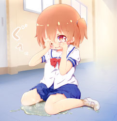1girl 22m blue_skirt blush bow bowtie crying door embarrassed fang female_focus flat_chest full_body hair_tie hands_up hoshino_hinata indoors japanese_text loli looking_at_viewer miniskirt one_eye_closed one_side_up open_mouth orange_hair peeing peeing_self pleated_skirt puddle red_bow red_bowtie red_eyes school_uniform shirt shoes short_hair short_sleeves sitting skirt socks solo steam tears translation_request wariza watashi_ni_tenshi_ga_maiorita! wet wet_clothes white_footwear white_shirt white_socks window wiping_tears rating:Questionable score:33 user:AngryZapdos