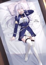  1girl 86_-eightysix- absurdres ahoge armband bed bed_sheet belt blue_eyes blue_gloves blush breasts commission cropped_jacket english_text fingerless_gloves gloves grey_hair head_on_pillow highres long_hair medium_breasts military_uniform o-ring o-ring_belt on_bed pillow pilot_suit pixiv_commission shirt skirt solo speech_bubble suprii thighhighs thighs uniform vladilena_millize white_hair white_thighhighs zettai_ryouiki 